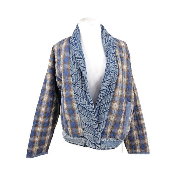 New BlankNYC Fall for You Kimono Jacket Womens XS Denim Plaid Quilted Blank NYC - Picture 2 of 8